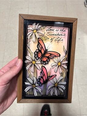 Vintage 1976 MCM Butterfly Wood Glass Wall Hanger Display LOVE 70s